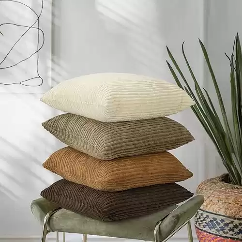 Lewondr Corduroy Throw Pillow Covers 18x18, Set of 4 Multi-Color Matching Square Soft Throw Pillow Cases Modern Stripes Couch Pillows for Living Room Home Bedroom Sofa Car Office Decor, 45x45cm/Brown