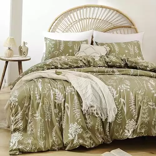 JANZAA Queen Olive Green ,3 PCS Bedding Floral Plant Flowers Printed on Green Comforter Set