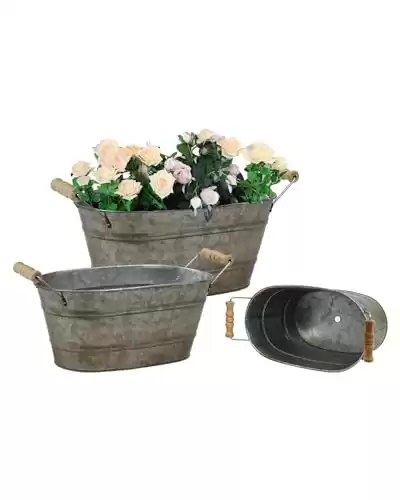 Galvanized Oval Planter Tubs for Outdoor Plants - Farmhouse Small Metal Tin Buckets with Drain Hole & Rubber Plug Medium Plant Containers with handles vintage style for decor, Set of 3