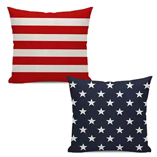 Gohdiwh 4th of July Throw Pillow Cover, 18x18 Inch Set of 2 Red Stripes Blue Stars Patriotic Decorative Outdoor Cushion Cover Memorial Independence Day Pillow Cases Linen Farmhouse for Sofa Couch Bed