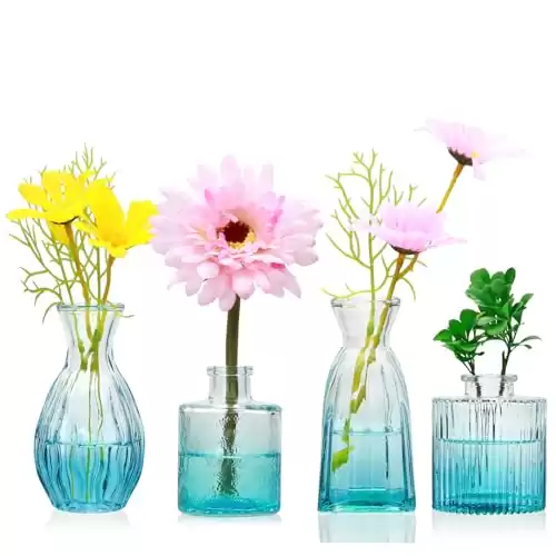 Mapoxy Glass Bud Vases Set of 4,Blue Small Flower Vases for Wedding Centerpiece Table Decorations,Clear Vintage Embossed Mini Vases,Flower Arrangements in Vases for Party or Home Decor