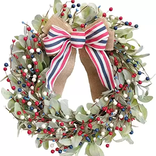 TEMPUS 4th of July Independence Day Red White Blue Berries Lambs Leaves Ring Wreath 20inch Patriotic Decorations for Front Door Memorial Day Flag Day Veterans Day