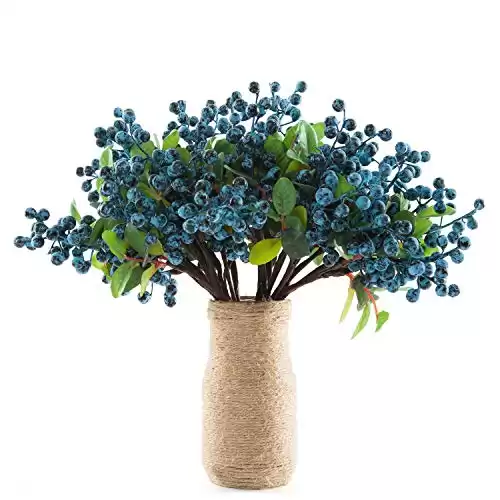SHACOS Artificial Blue Berry Stems Pack of 20 Fake Berries with Green Leaves Fake Blueberries Spray Pick 9.8 inch for Christmas Decorations Crafts Holiday Home Decor (20 PCS, Berry Blue)