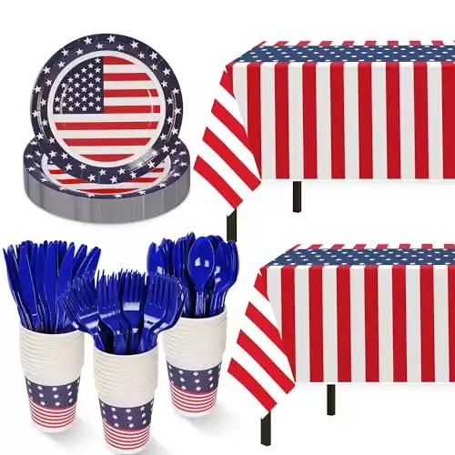 Patriotic Party Supplies,152Pcs American Flag Themed Party Set, Patriotic Party Decorations, American Flag Tablecloths,4th of July Plates Cups, Red White and Blue Decor for Outside, Picnic, Memorial