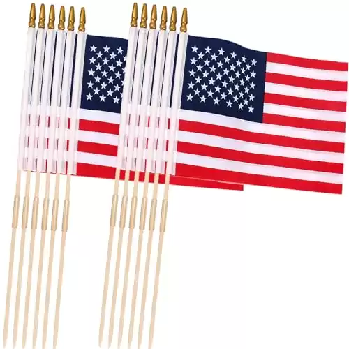 12 Pcs 12x18 Inch American Flags on Stick, American Flags for Outside, USA Stick Flag with Handheld and Grounded Multi-Purpose Flagpole, Design for Memorial Day, 4th of July, Veterans Day, Outside dec...