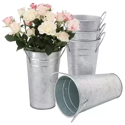 5 Packs 9.8 Inch, Galvanized Metal Vases with Handles, Rustic Tall Flower Buckets for Cut Flowers, Country Wedding, Table Centerpiece Decorations, Vintage Style Flower Containers, by GENHAKON