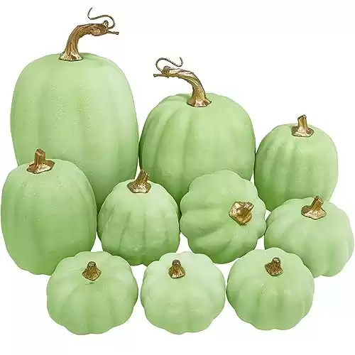 Winlyn 10 Pcs Assorted Artificial Light Green Pumpkins Faux Harvest Green Pumpkins Decorative Pumpkins Foam Pumpkins for Rustic Farmhouse Décor Thanksgiving Fall Wedding Halloween Table Centerpiece