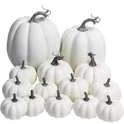 WESAPPINC Artificial Pumpkins,14PCS White Fake Pumpkins Assorted Pumpkins Large Faux Harvest Pumpkins for Autumn Thanksgiving Halloween Seasonal Holiday Decor Decoration (White)