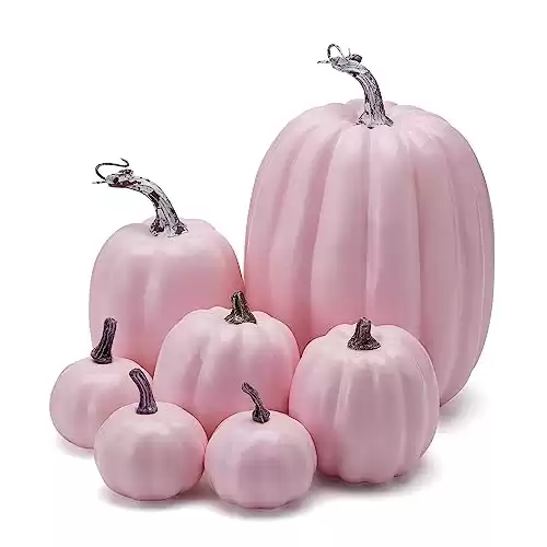 BINPURE Fall Decorations for Home Artificial Fake Pumpkins Thanksgiving Pumpkins Set Lifelike Wedding Tables Centerpieces Halloween Home Decoration (SST-Pink, 7 PCS)