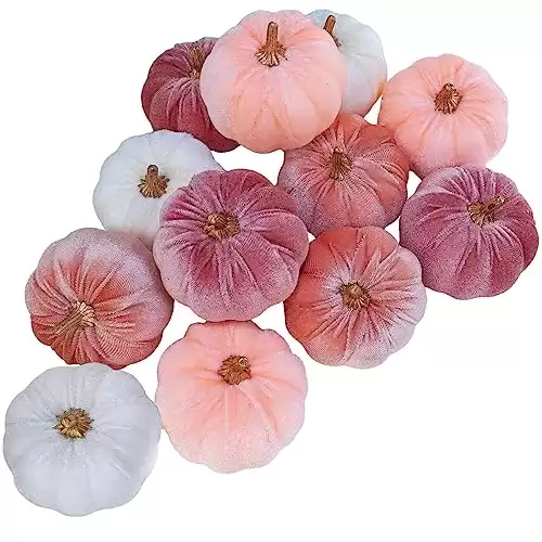 Winlyn 12 Pcs Small Rustic Faux Velvet Pumpkins Decorative Blush Coral Pink Peach Ivory Fabric Pumpkins Foam Pumpkins 3" for Fall Wedding Bbay Shower Thanksgiving Halloween Table Centerpiece Déc...