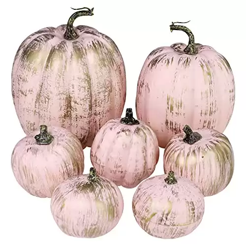 7 Pcs Assorted Artificial Gold Brushed Pink Pumpkins Rustic Decorative Pumpkins Foam Pumpkins for Fall Halloween Harvest Wedding Baby Shower Tabletop Centerpiece Mantel Kitchen Decoration