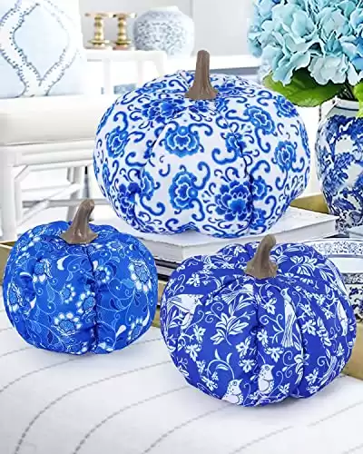 3PCS Chinoiserie Pumpkins Blue and White Stuffed Fabric Pumpkins Farmhouse Blue Floral Pumpkins for Fall Tiered Tray Thanksgiving Table Centerpiece Bowl Basket Fillers Mantel Home Decor