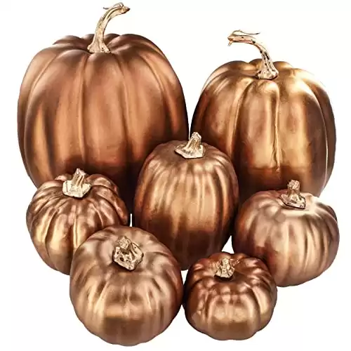 Winlyn 7 Pcs Assorted Sizes Artificial Metallic Bronze Pumpkins Rustic Decorative Fall Pumpkins Foam Pumpkins for Gifts Thanksgiving Halloween Harvest Fall Wedding Table Centerpiece Mantel Shelf Decor