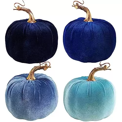 Winlyn 4 Pcs Assorted Blue Faux Velvet Pumpkins Decorative Harvest Pumpkins Fabric Foam Pumpkins for Farmhouse Fall Wedding Halloween Thanksgiving Table Centerpiece Mantel Bowl Decorations