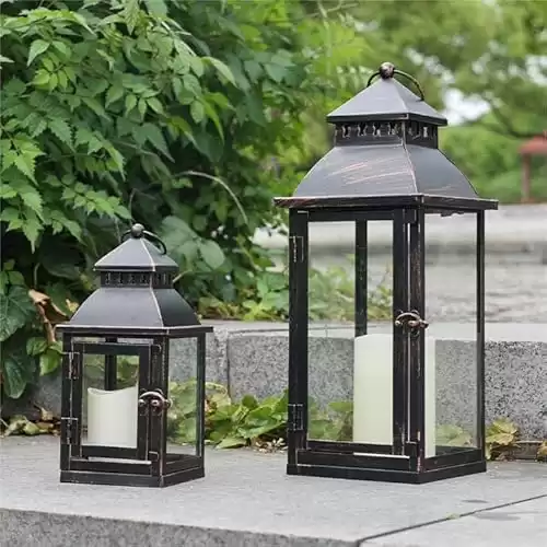 Lanterns Decorative Outdoor&Indoor, Set of 2 (17"&10") Bronze Metal Lantern Decor with Glass, Candle Holder for Porch, Patio, Garden, Balcony, Wedding, Table Centerpiece Decorations