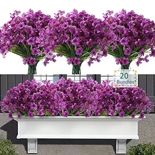 Satefello 20 Bundles Artificial Flowers for Outdoors, UV Resistant Fake Flowers with Plastic Plants, Faux Silk Flowers for Outside Window Box Front Porch Hanging Planter Decor-Purple