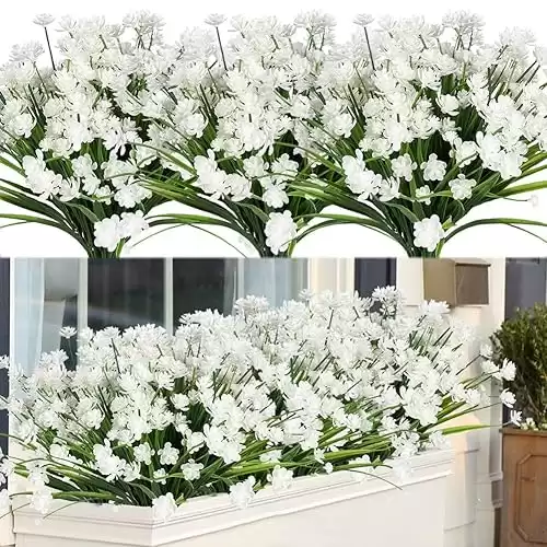 20 Bundles Outdoor Artificial Fake Flowers UV Resistant Shrubs Plants, Faux Plastic Greenery for Indoor Outside Hanging Plants Garden Porch Window Box Home Wedding Farmhouse Decor (White)